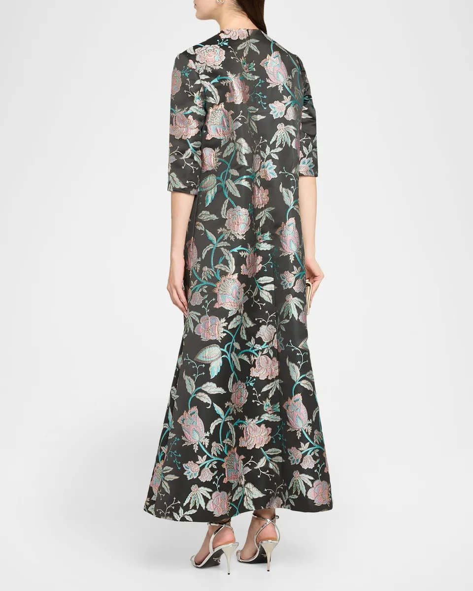 Reem Acra Metallic Floral Brocade 3/4-Sleeve Kaftan Gown | Thumbnail 3 Reem Acra Metallic Floral Brocade 3/4-Sleeve Kaftan Gown | Thumbnail 3