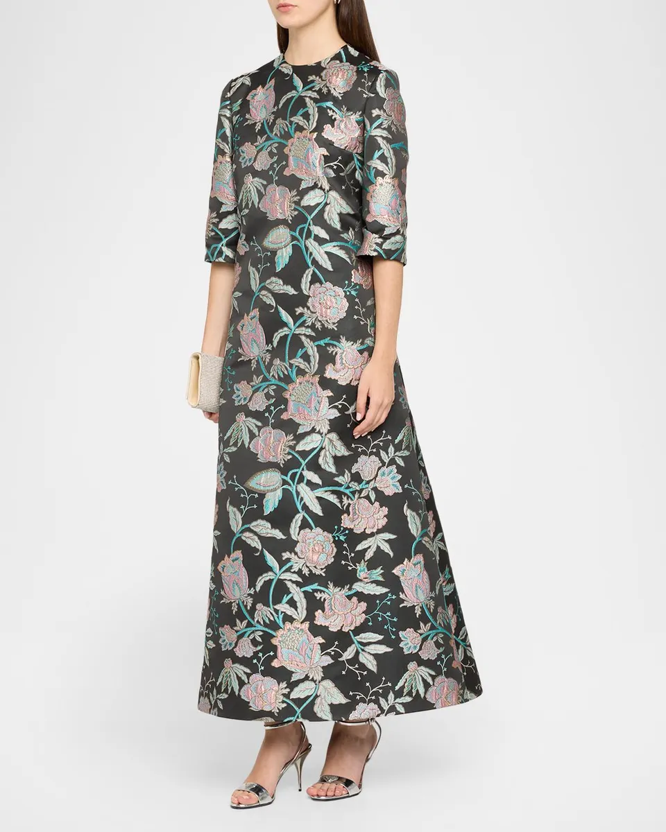 Reem Acra Metallic Floral Brocade 3/4-Sleeve Kaftan Gown | Thumbnail 4 Reem Acra Metallic Floral Brocade 3/4-Sleeve Kaftan Gown | Thumbnail 4