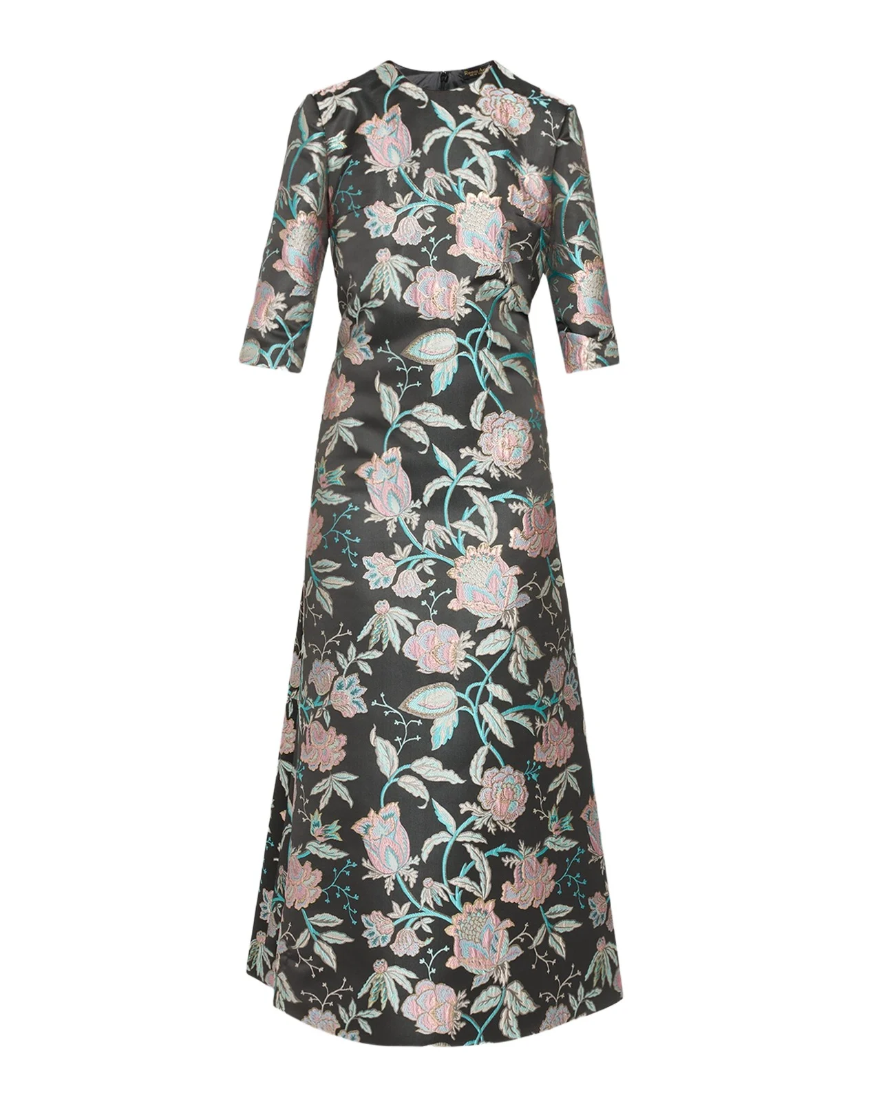 Reem Acra Metallic Floral Brocade 3/4-Sleeve Kaftan Gown