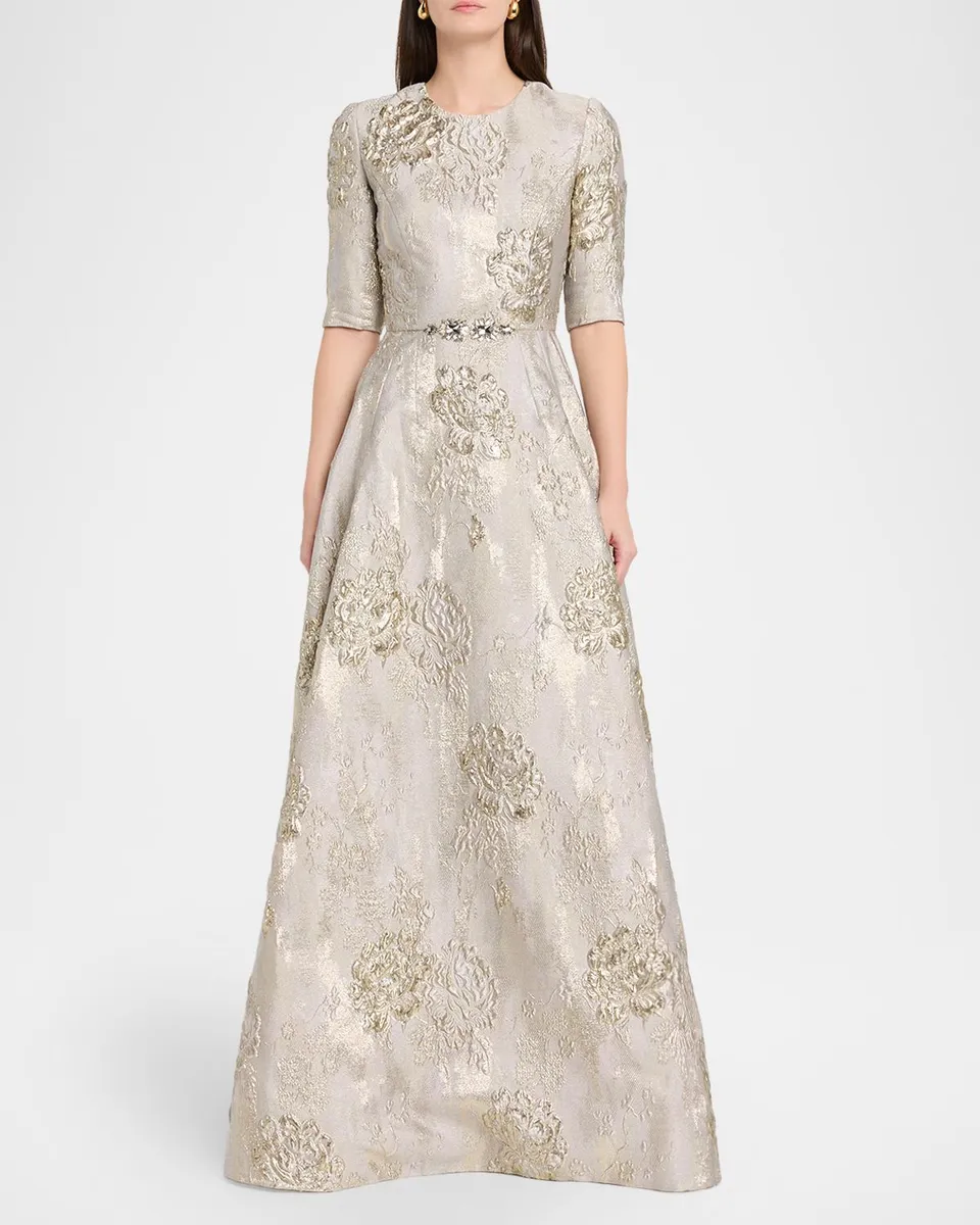 Reem Acra Metallic Floral Brocade Elbow-Sleeve A-Line Gown | Thumbnail 2