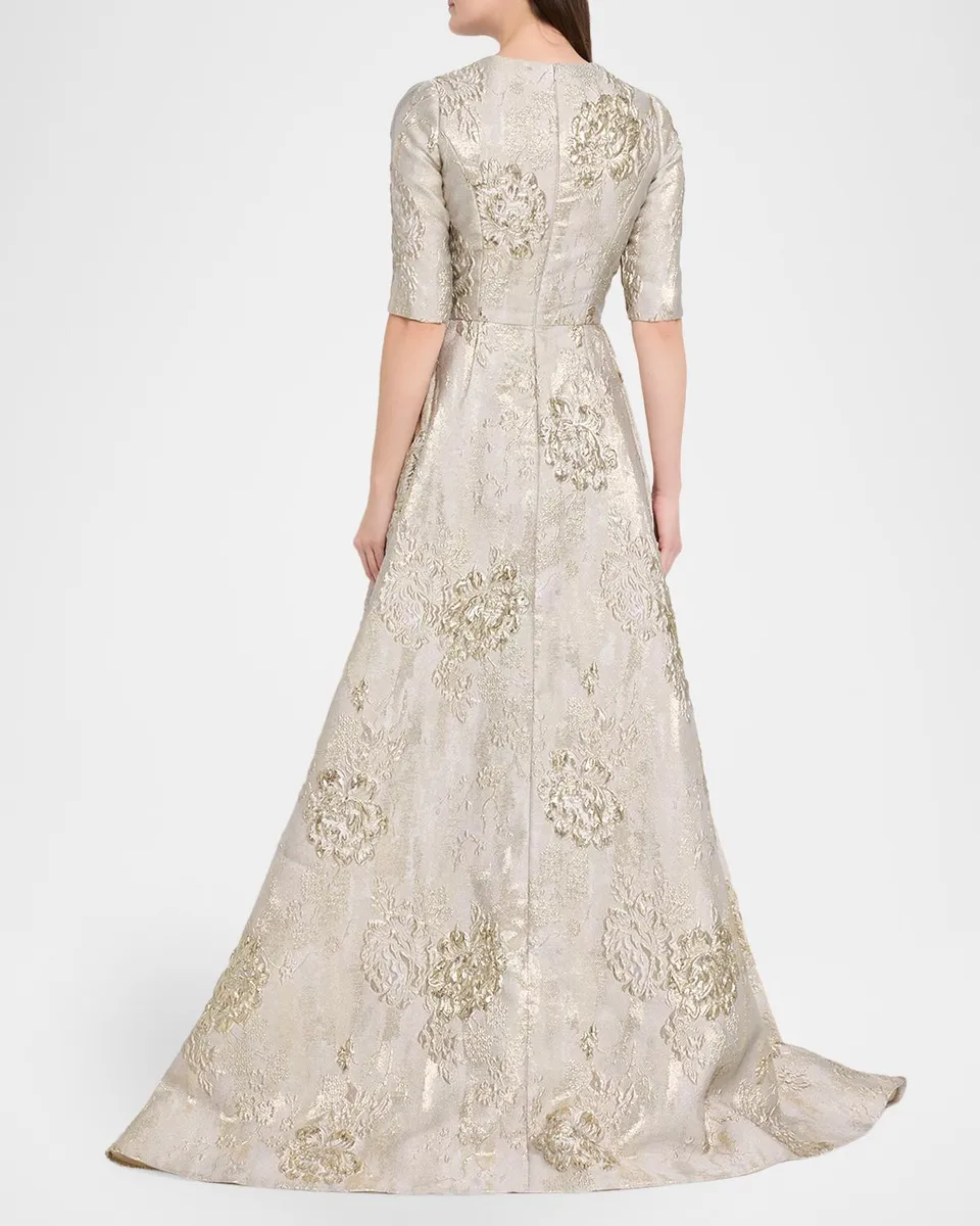 Reem Acra Metallic Floral Brocade Elbow-Sleeve A-Line Gown | Thumbnail 3