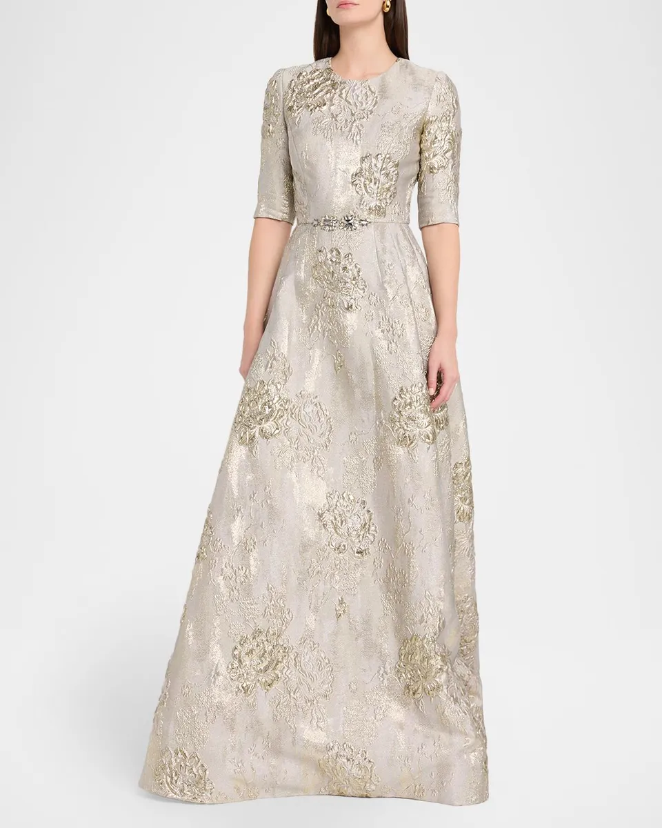Reem Acra Metallic Floral Brocade Elbow-Sleeve A-Line Gown | Thumbnail 4