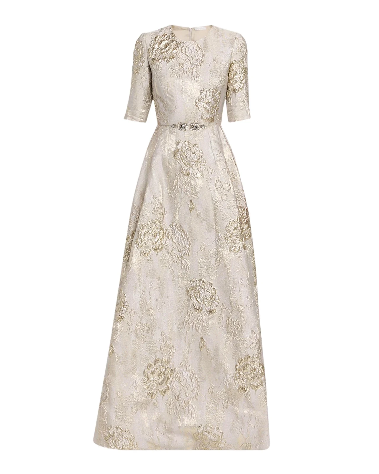 Metallic Floral Brocade Elbow-Sleeve A-Line Gown