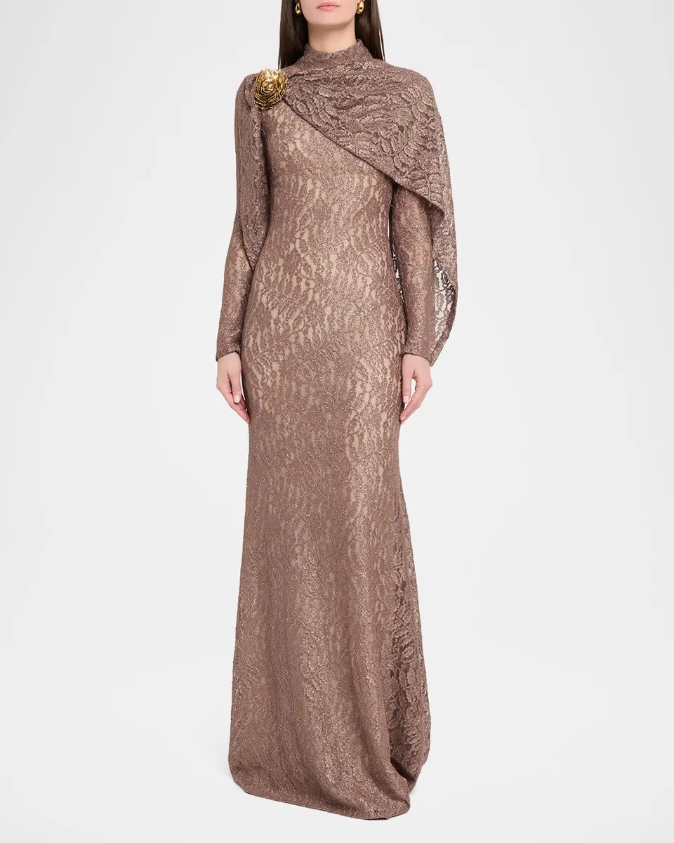 Reem Acra Long-Sleeve Shimmering Lace Draped Gown With Brooch | Thumbnail 2 Reem Acra Long-Sleeve Shimmering Lace Draped Gown With Brooch | Thumbnail 2