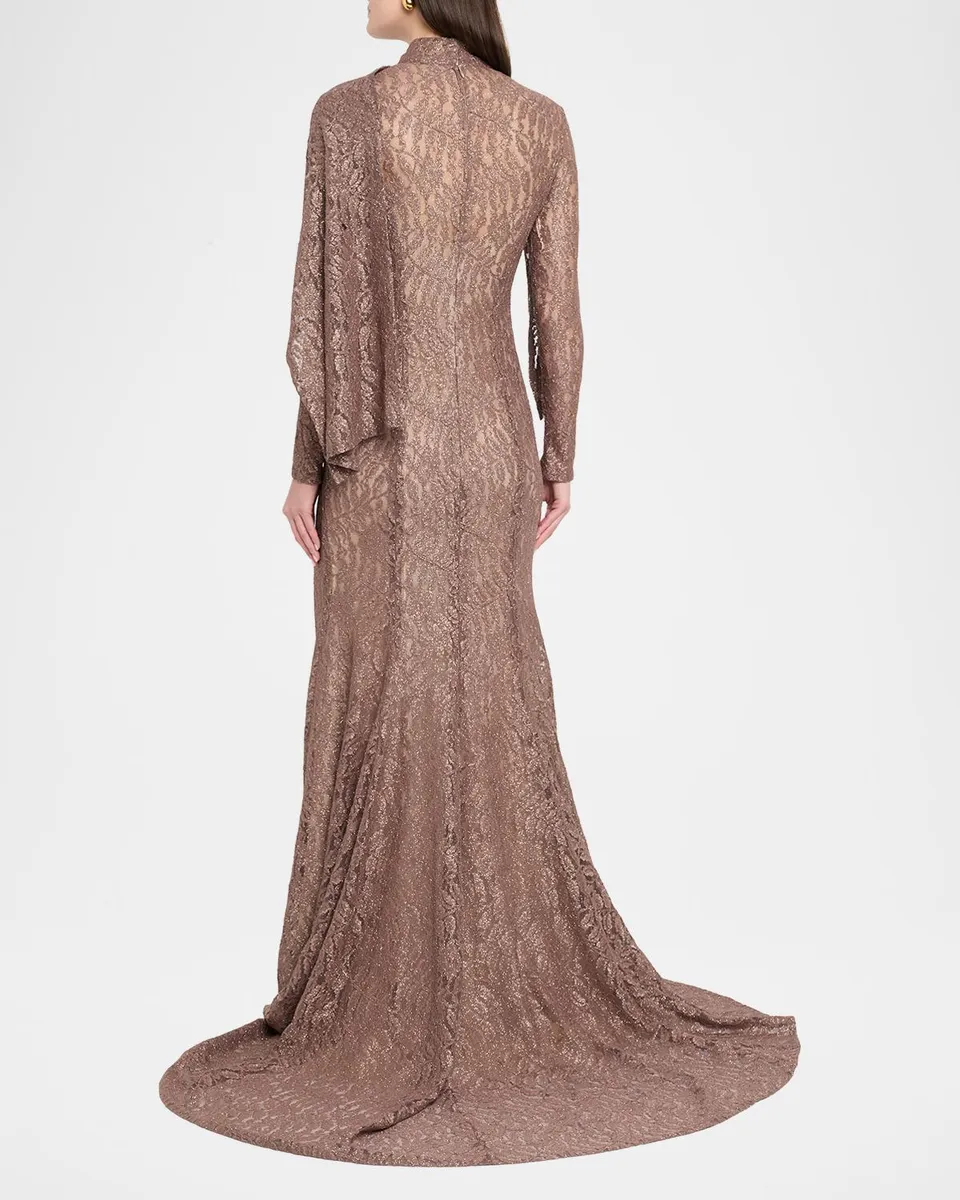 Reem Acra Long-Sleeve Shimmering Lace Draped Gown With Brooch | Thumbnail 3 Reem Acra Long-Sleeve Shimmering Lace Draped Gown With Brooch | Thumbnail 3
