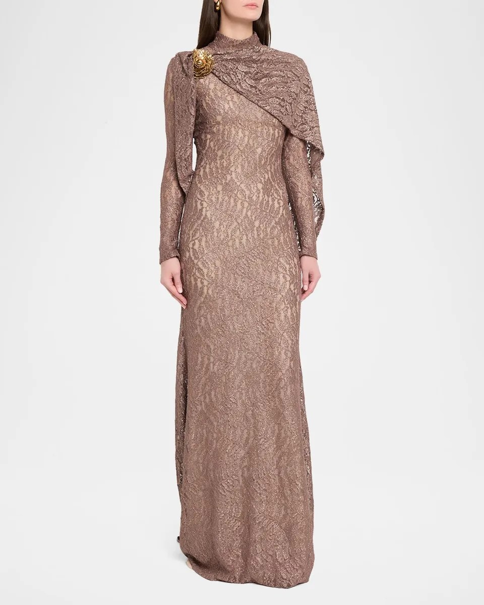 Reem Acra Long-Sleeve Shimmering Lace Draped Gown With Brooch | Thumbnail 4 Reem Acra Long-Sleeve Shimmering Lace Draped Gown With Brooch | Thumbnail 4