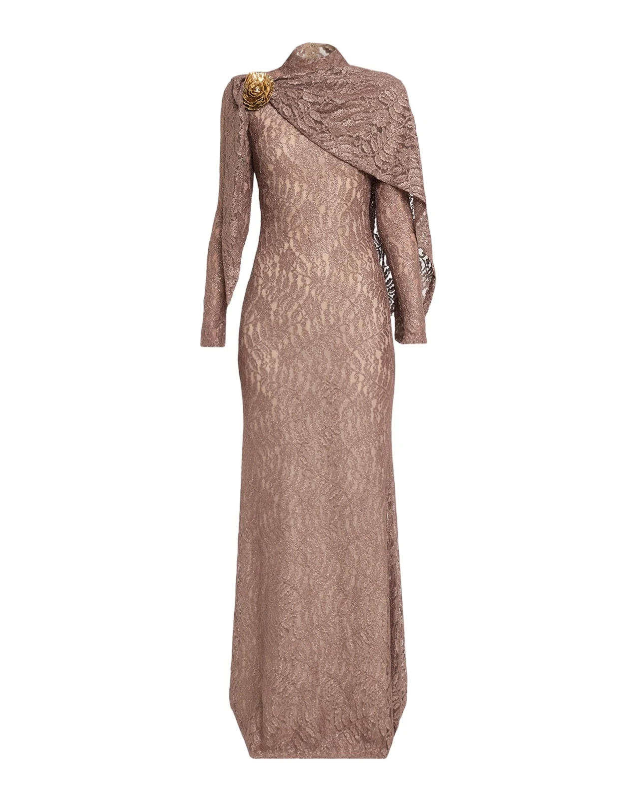 Long-Sleeve Shimmering Lace Draped Gown With Brooch Long-Sleeve Shimmering Lace Draped Gown With Brooch