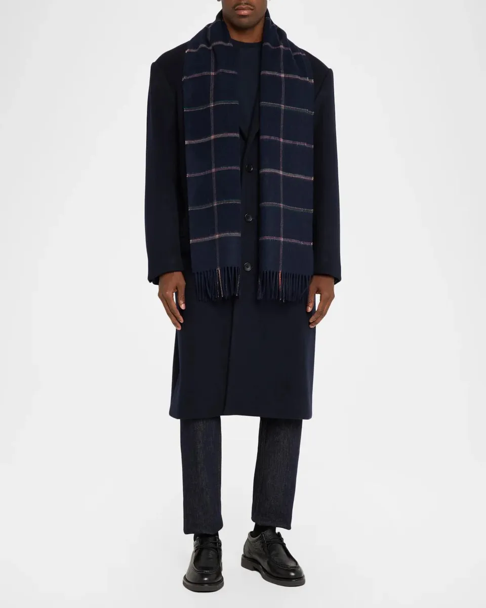 Paul Smith Men's Signature Stripe Windowpane Wool-Cashmere Scarf | Thumbnail 2 Paul Smith Men's Signature Stripe Windowpane Wool-Cashmere Scarf | Thumbnail 2