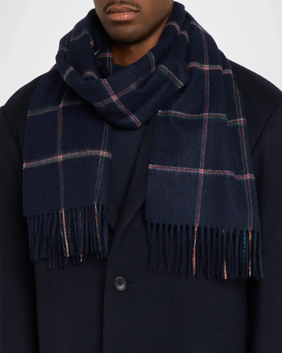 Paul Smith Men's Signature Stripe Windowpane Wool-Cashmere Scarf | Thumbnail 3 Paul Smith Men's Signature Stripe Windowpane Wool-Cashmere Scarf | Thumbnail 3