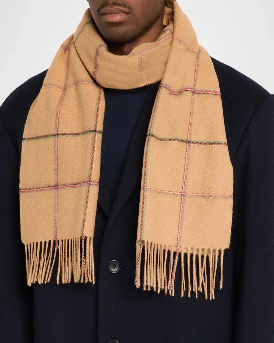 Paul Smith Men's Signature Stripe Windowpane Wool-Cashmere Scarf | Thumbnail 4 Paul Smith Men's Signature Stripe Windowpane Wool-Cashmere Scarf | Thumbnail 4