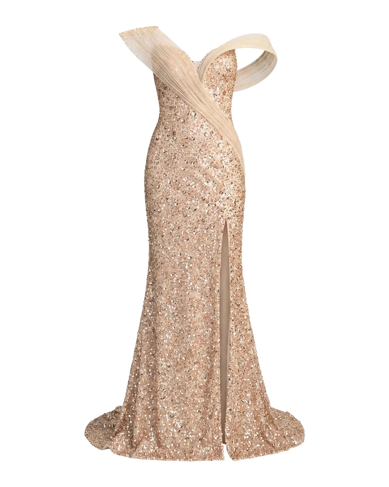 Crystal-Embellished Sequined Asymmetric Gown