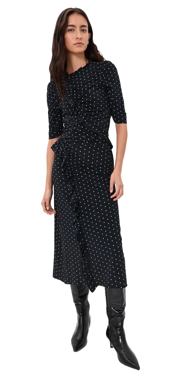 Jeanne Polka Dot Print Ruched Midi Dress Jeanne Polka Dot Print Ruched Midi Dress