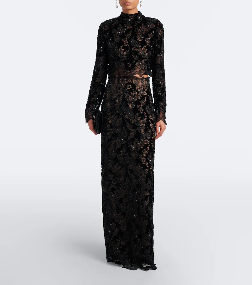 Costarellos Latta embellished velvet and lace maxi skirt | Thumbnail 4