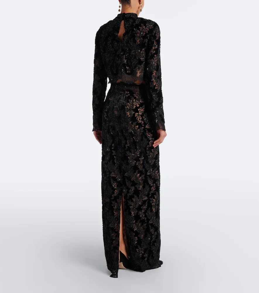 Costarellos Latta embellished velvet and lace maxi skirt | Thumbnail 5