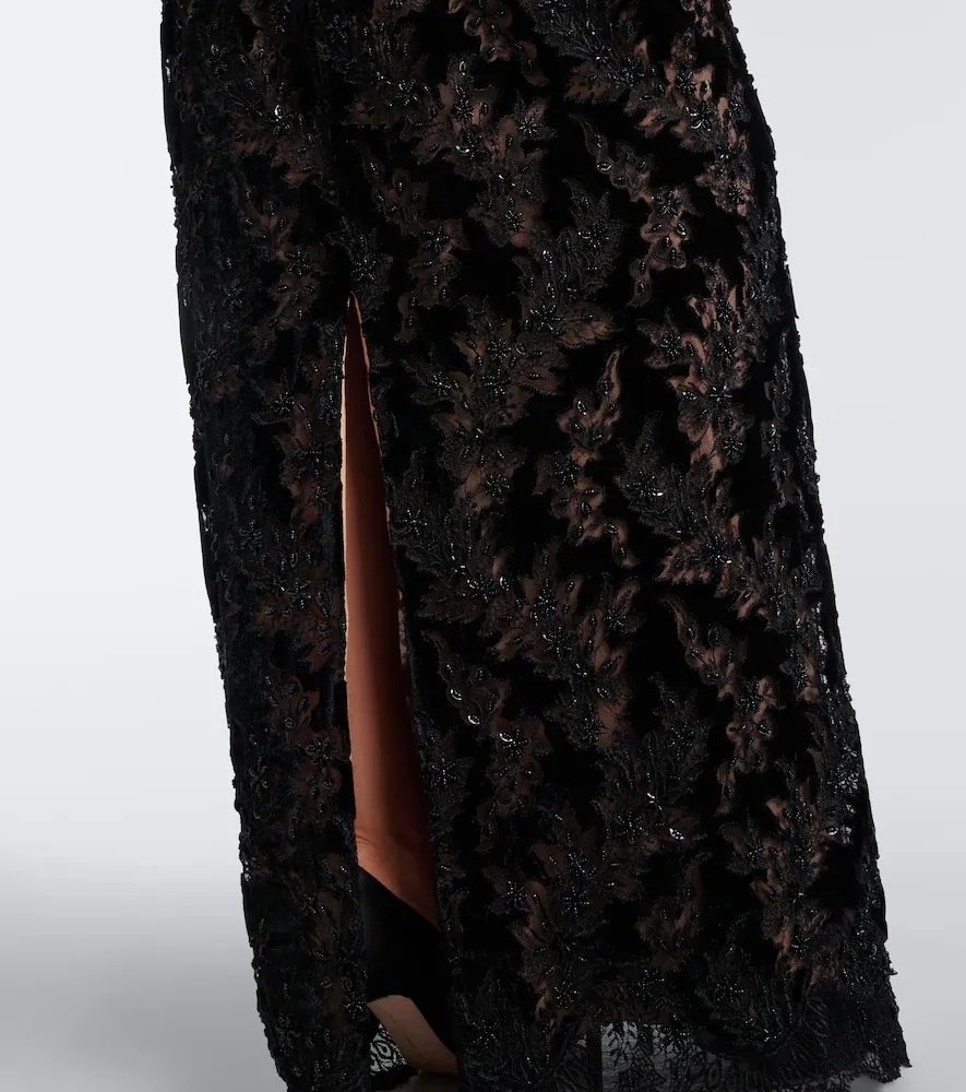 Costarellos Latta embellished velvet and lace maxi skirt | Thumbnail 6