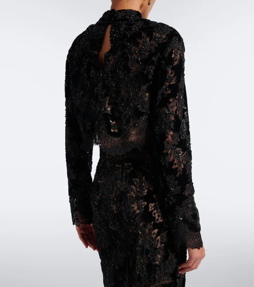 Costarellos Isaline embellished velvet and lace crop top | Thumbnail 3