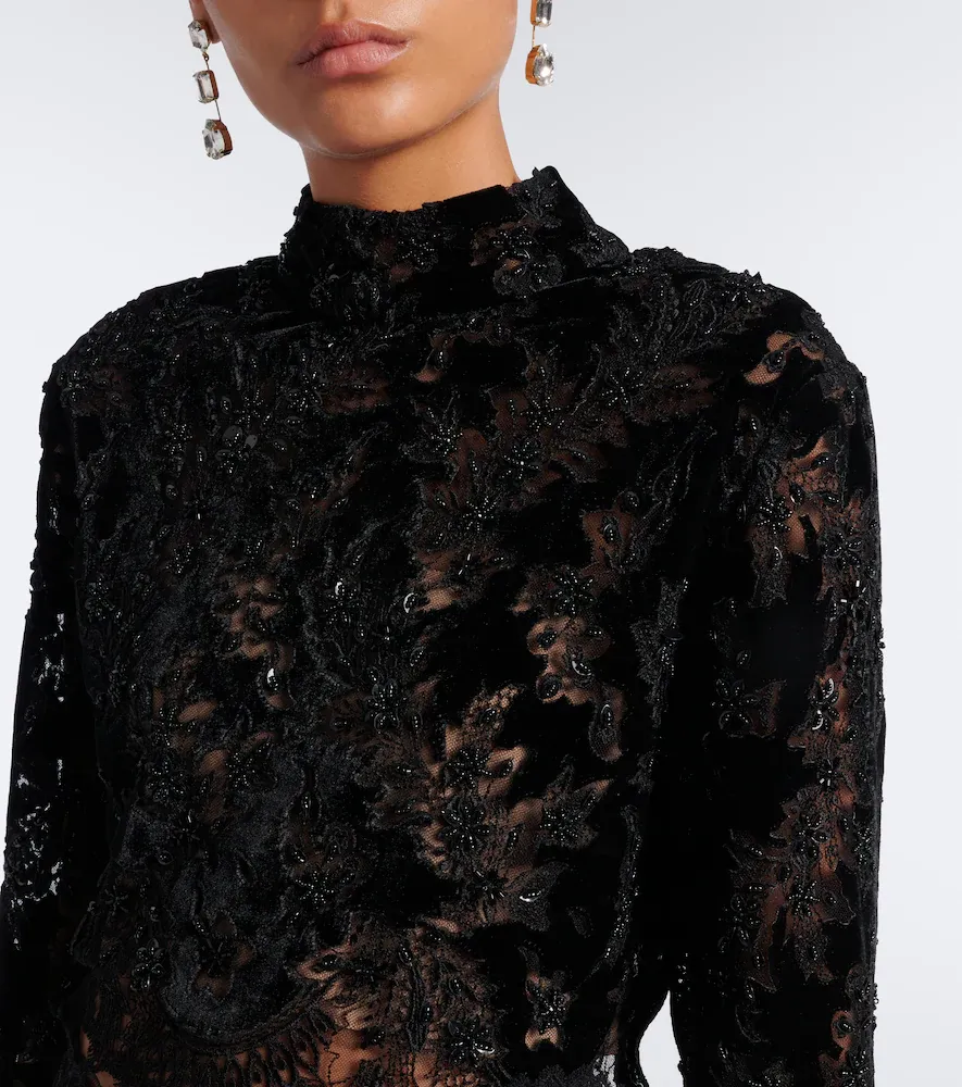 Costarellos Isaline embellished velvet and lace crop top | Thumbnail 5