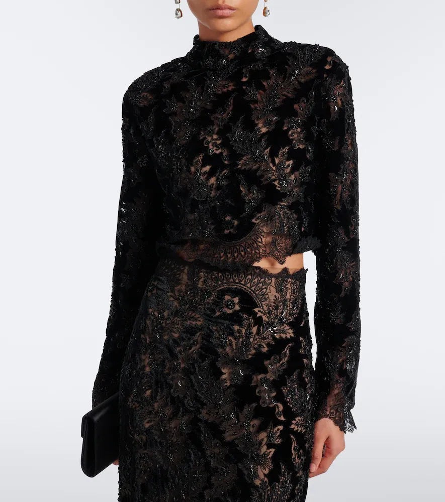 Costarellos Isaline embellished velvet and lace crop top | Thumbnail 6
