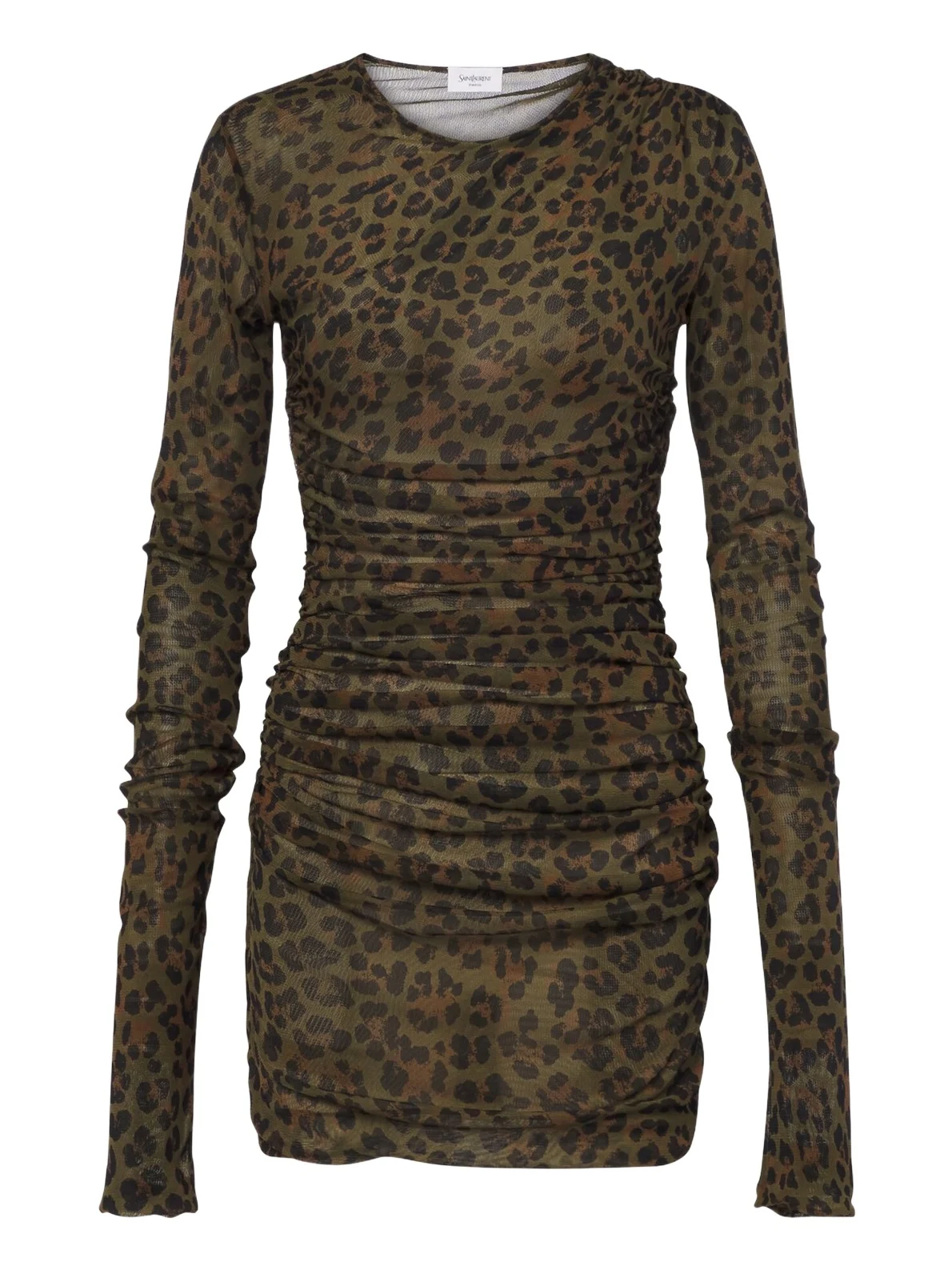 Saint Laurent Leopard-print ruched tulle jersey minidress