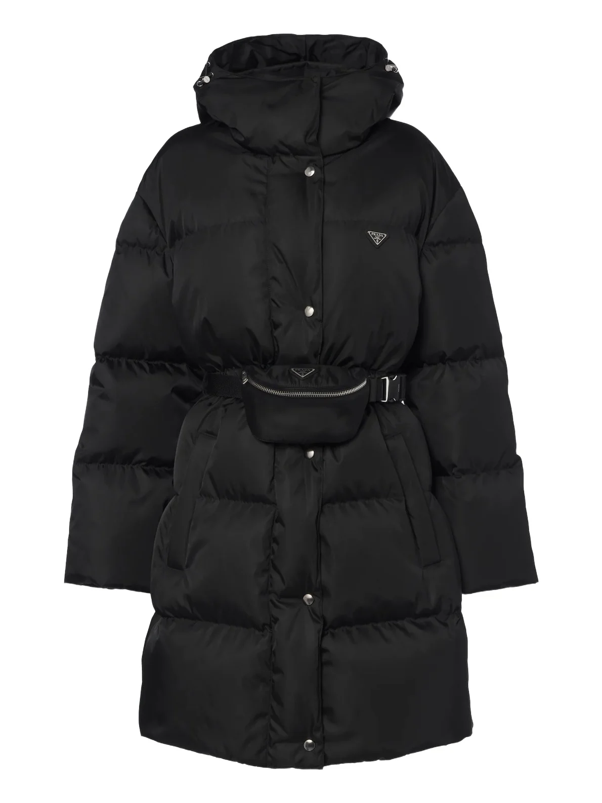Belted hooded Re-Nylon down coat Belted hooded Re-Nylon down coat