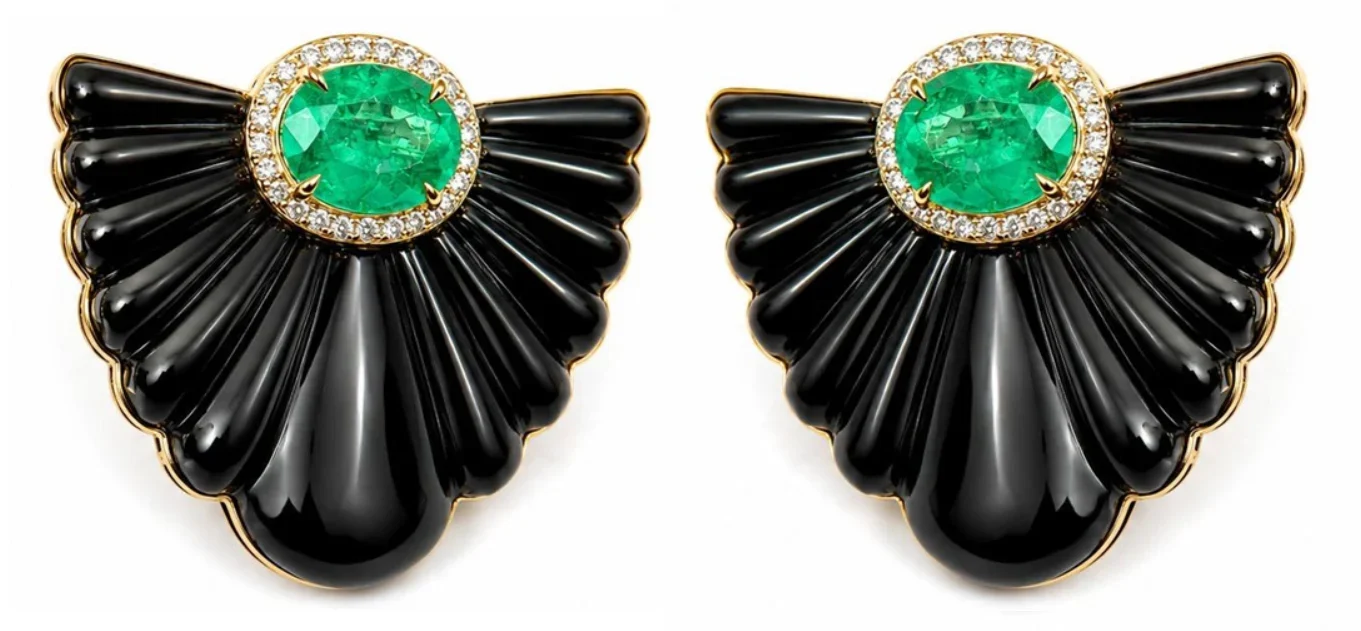 47.61ct Diamond Emerald Black Onyx 18K Gold Earrings 47.61ct Diamond Emerald Black Onyx 18K Gold Earrings