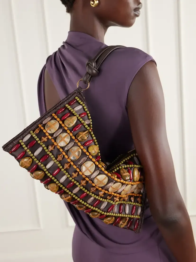 Cult Gaia Hera Bead-embellished Leather And Raffia-trimmed Satin Shoulder Bag | Thumbnail 2 Cult Gaia Hera Bead-embellished Leather And Raffia-trimmed Satin Shoulder Bag | Thumbnail 2