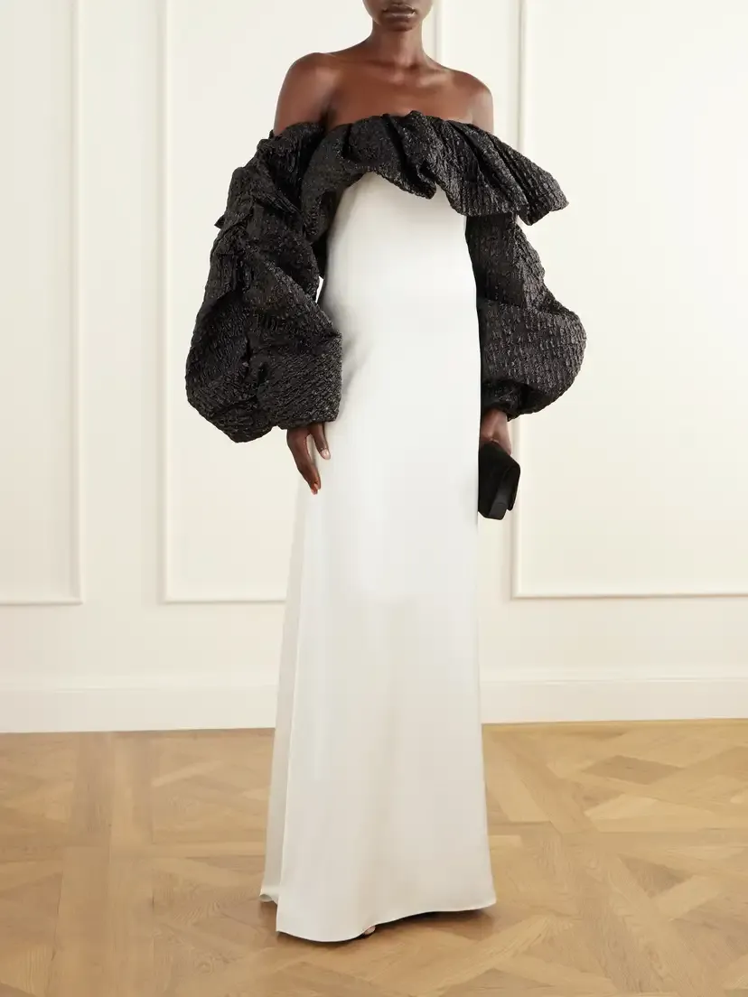 Dima Ayad Off-the-shoulder Cloqué-trimmed Satin Gown | Thumbnail 2 Dima Ayad Off-the-shoulder Cloqué-trimmed Satin Gown | Thumbnail 2