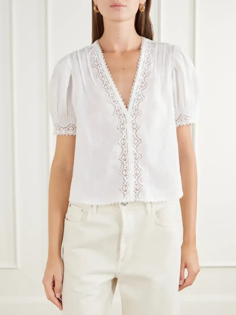 DÔEN Brigitta Lace-trimmed Pintucked Ramie Woven Blouse | Thumbnail 3 DÔEN Brigitta Lace-trimmed Pintucked Ramie Woven Blouse | Thumbnail 3