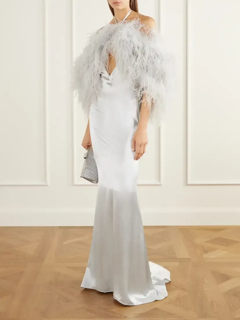 The Attico Feather-trimmed Halterneck Satin Gown | Thumbnail 2 The Attico Feather-trimmed Halterneck Satin Gown | Thumbnail 2