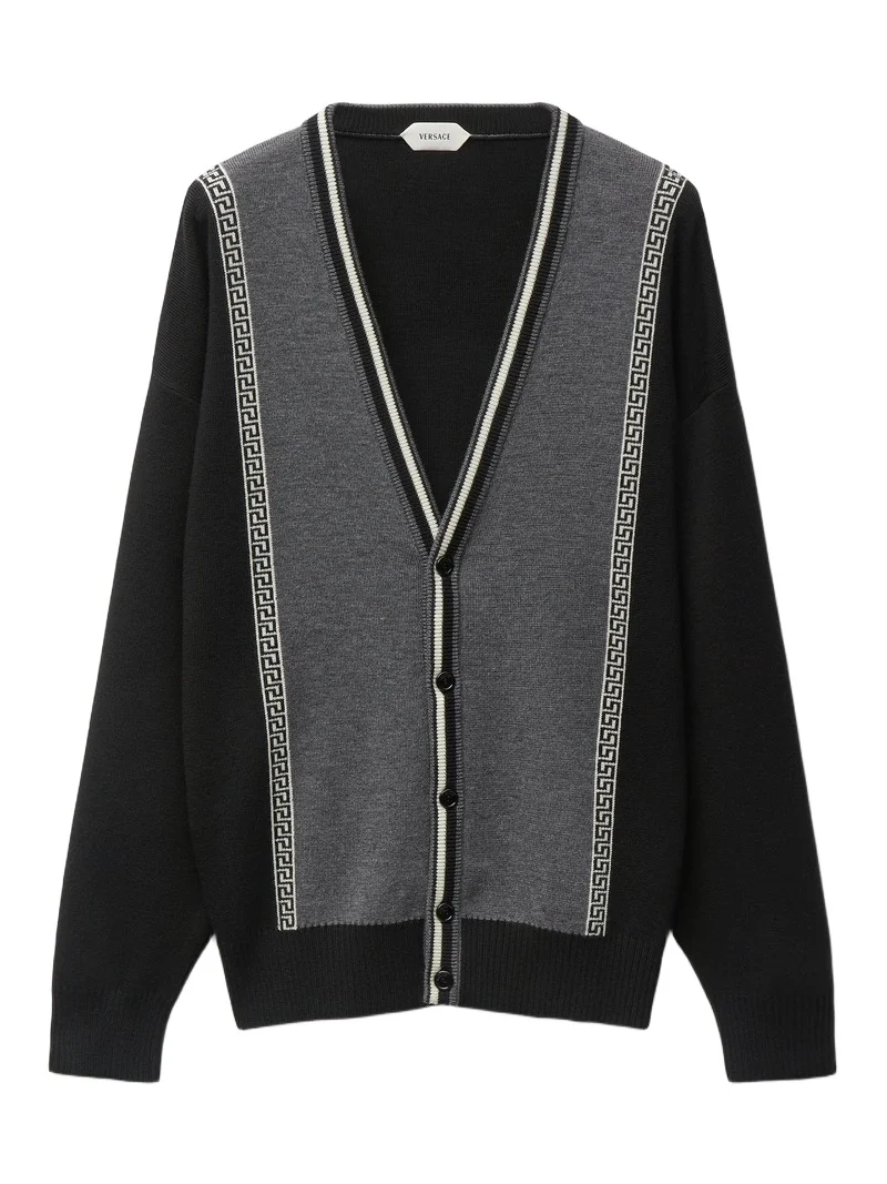 Versace Jacquard Wool Knit V-Neck Cardigan