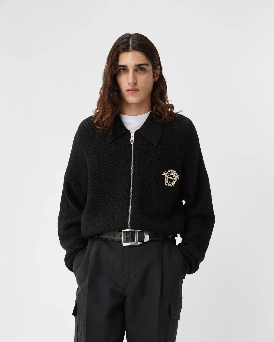 Versace Embroidered Wool Zip Cardigan | Thumbnail 2