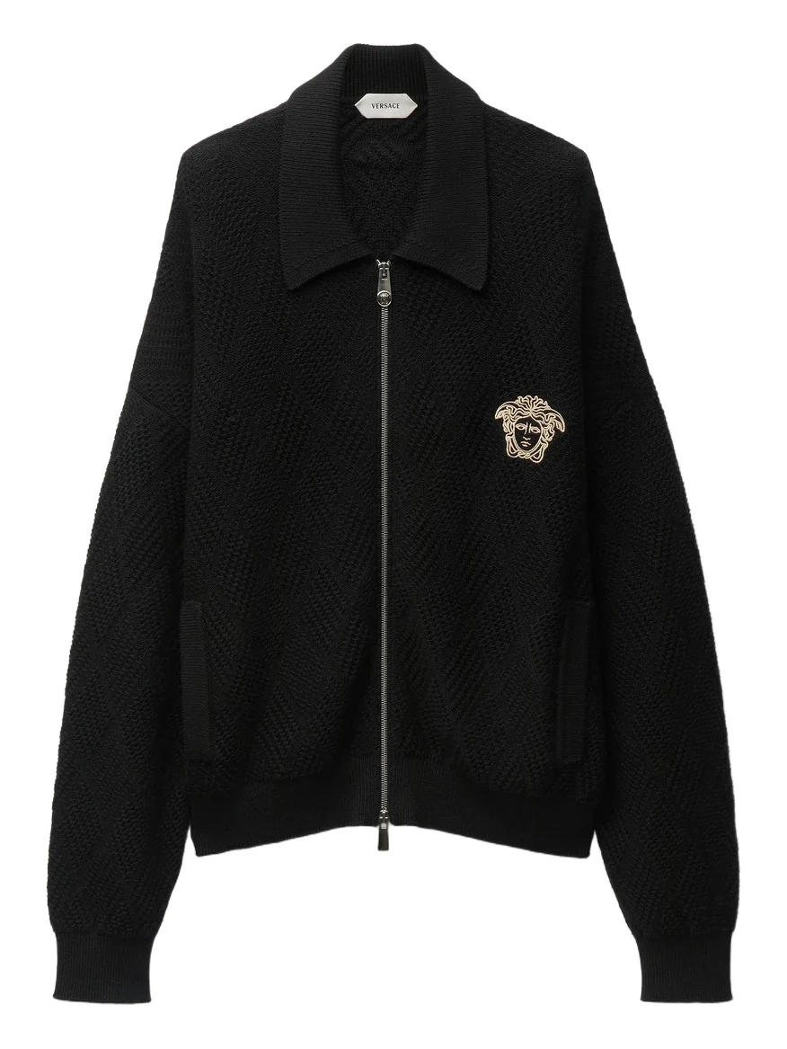 Versace Embroidered Wool Zip Cardigan