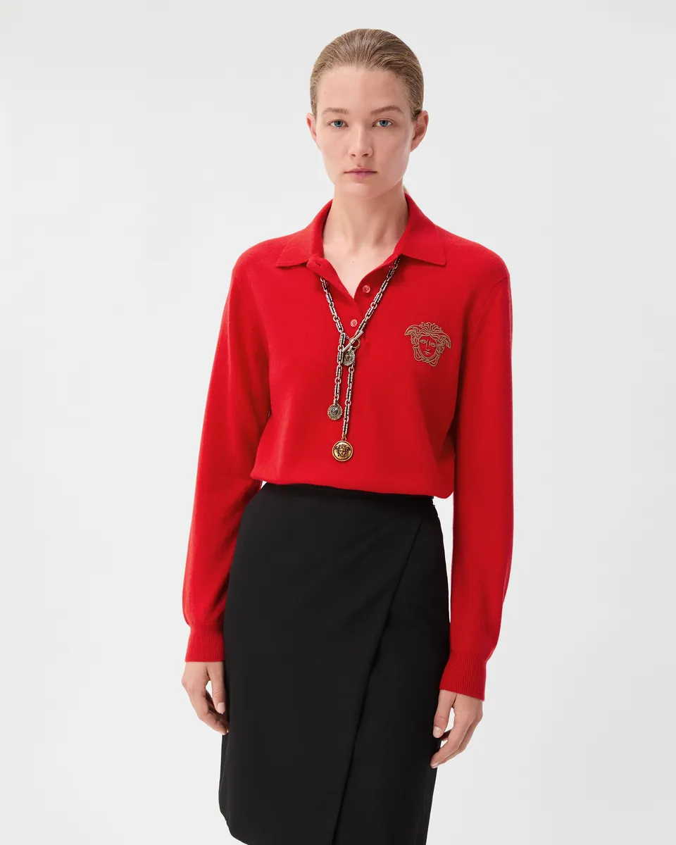 Versace Embroidered Cashmere Knit Polo Sweater | Thumbnail 2