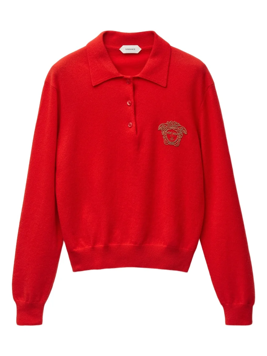 Versace Embroidered Cashmere Knit Polo Sweater