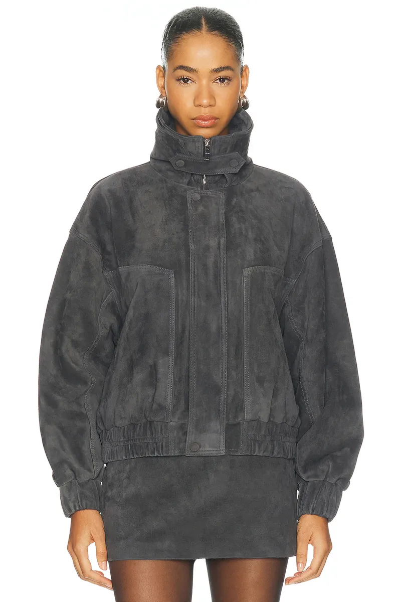 Aexae Leather Suede Funnel Bomber Jacket | Thumbnail 2