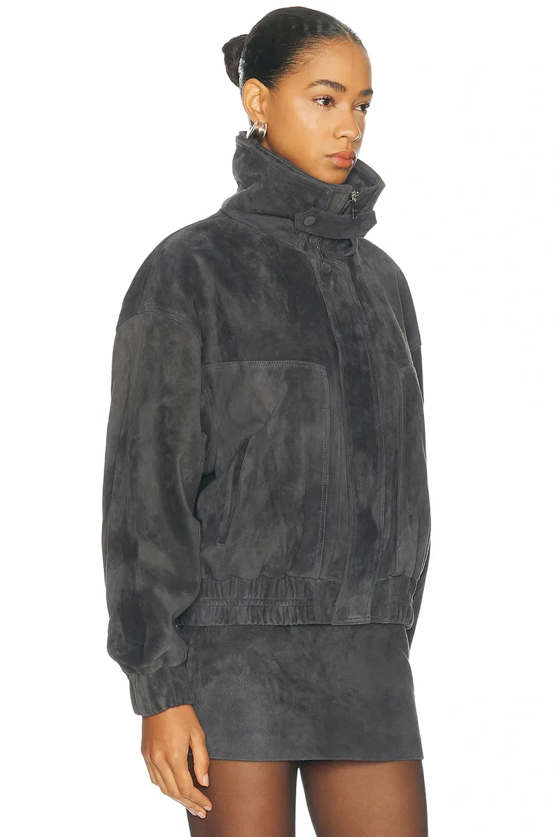 Aexae Leather Suede Funnel Bomber Jacket | Thumbnail 3
