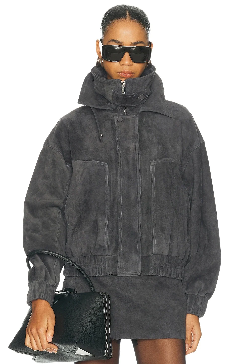 Aexae Leather Suede Funnel Bomber Jacket