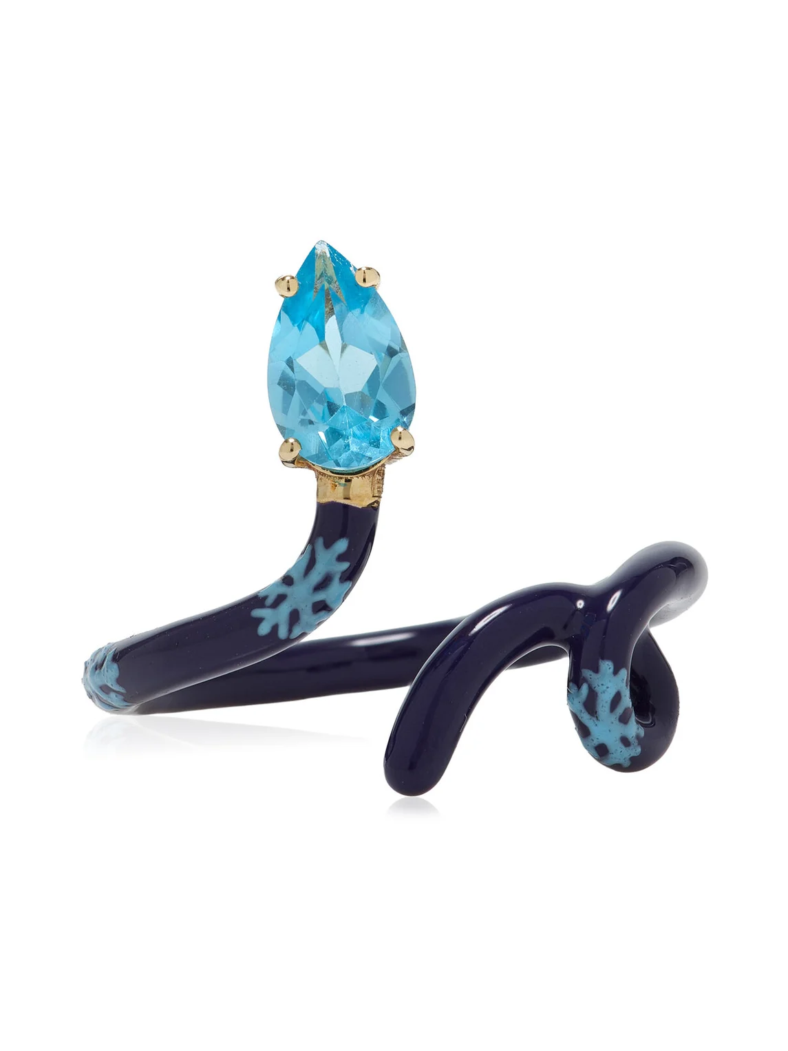 Exclusive Baby Vine Tendril Enameled 9k Yellow Gold Blue Topaz Ring