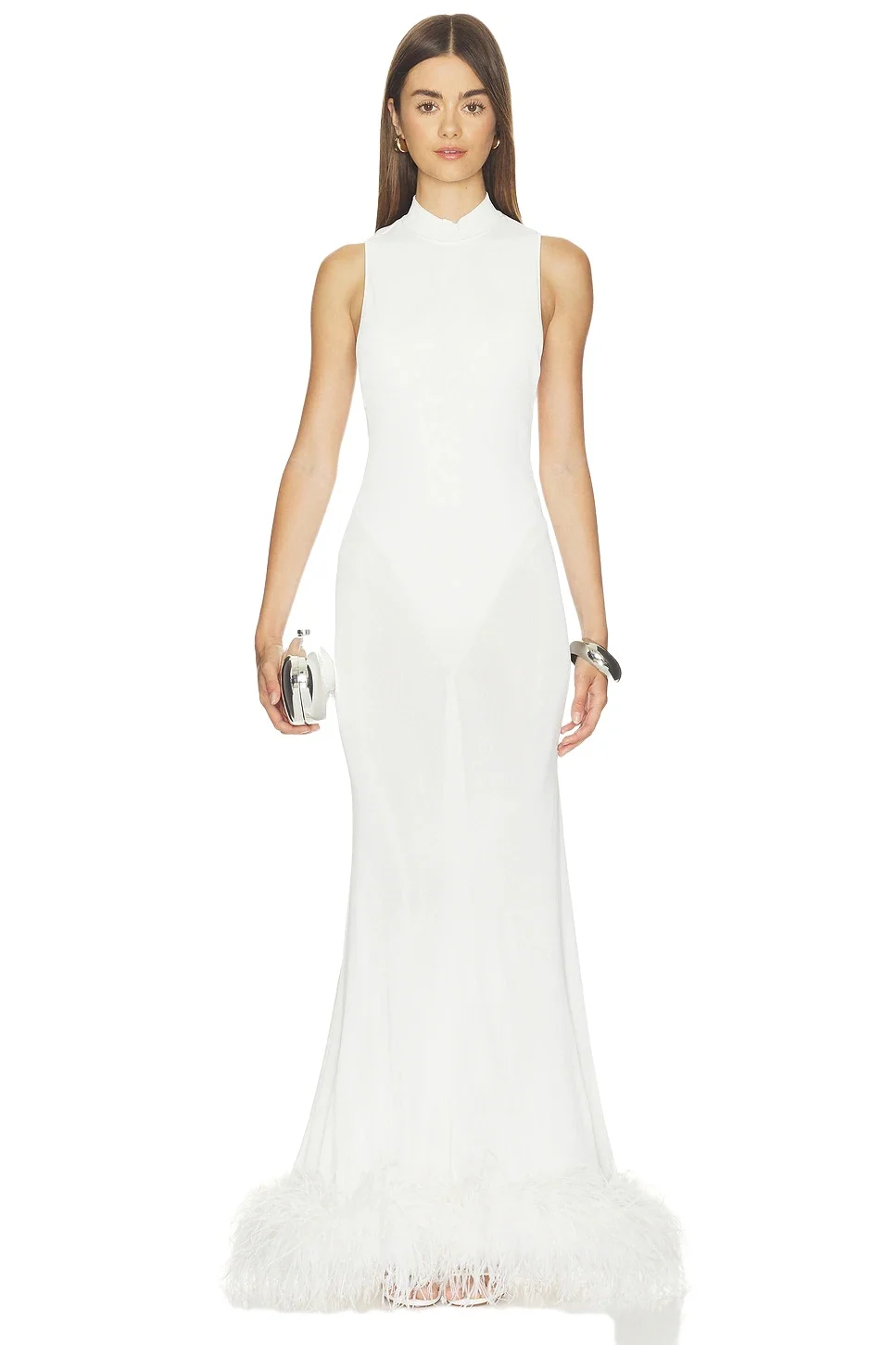 Self-Portrait White Racer Back Feather Knit Midi Dress