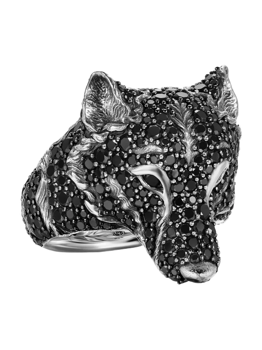 David Yurman Men's Petrvs Wolf Signet Ring in Sterling Silver - Black Diamond