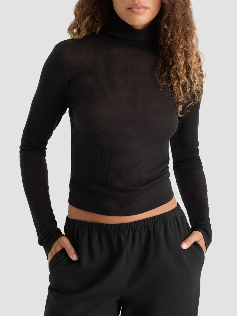 GOOD AMERICAN Women's The Sheer Rib-Knit Turtleneck Sweater | Thumbnail 4 GOOD AMERICAN Women's The Sheer Rib-Knit Turtleneck Sweater | Thumbnail 4