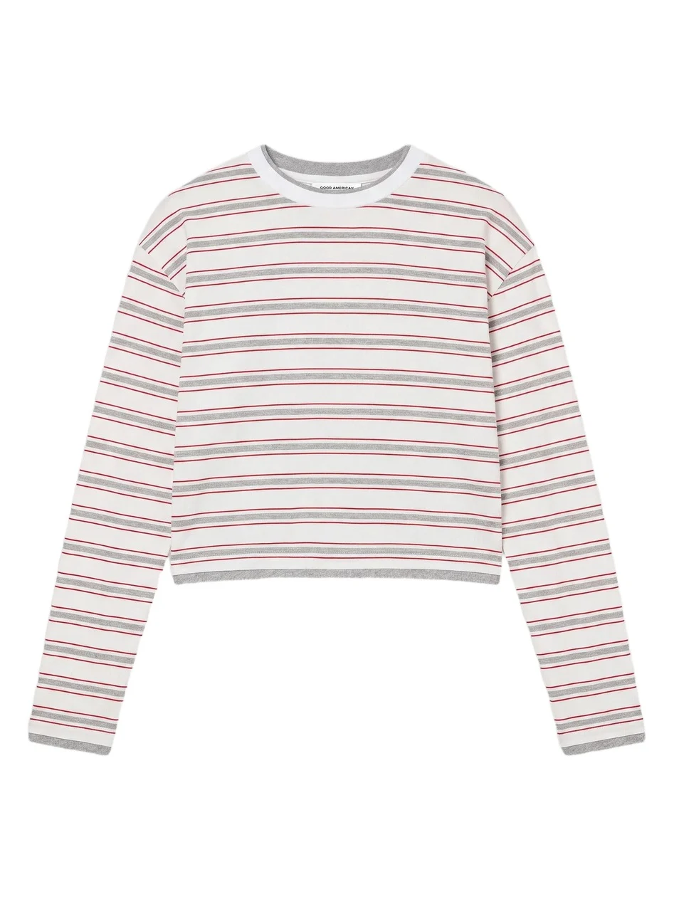 GOOD AMERICAN Women's Striped Cotton Long-Sleeve Crop T-Shirt