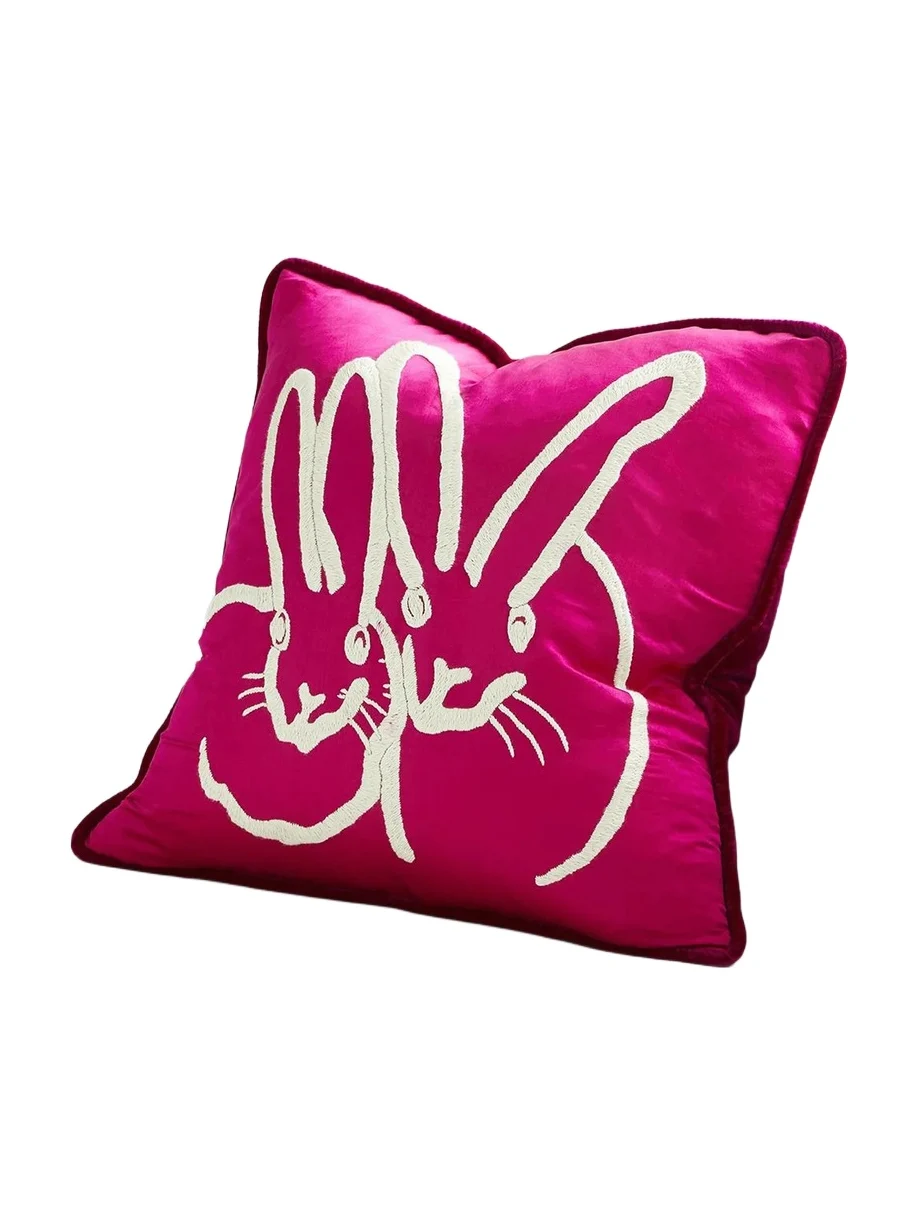 Hunt Slonem Hand-Embroidered Silk Bunny Pillow, Pink