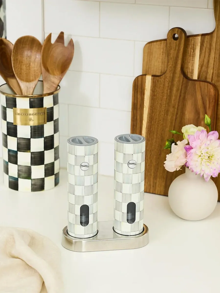 MacKenzie-Childs Sterling Check Ceramic Electric Salt & Pepper Grinders | Thumbnail 5