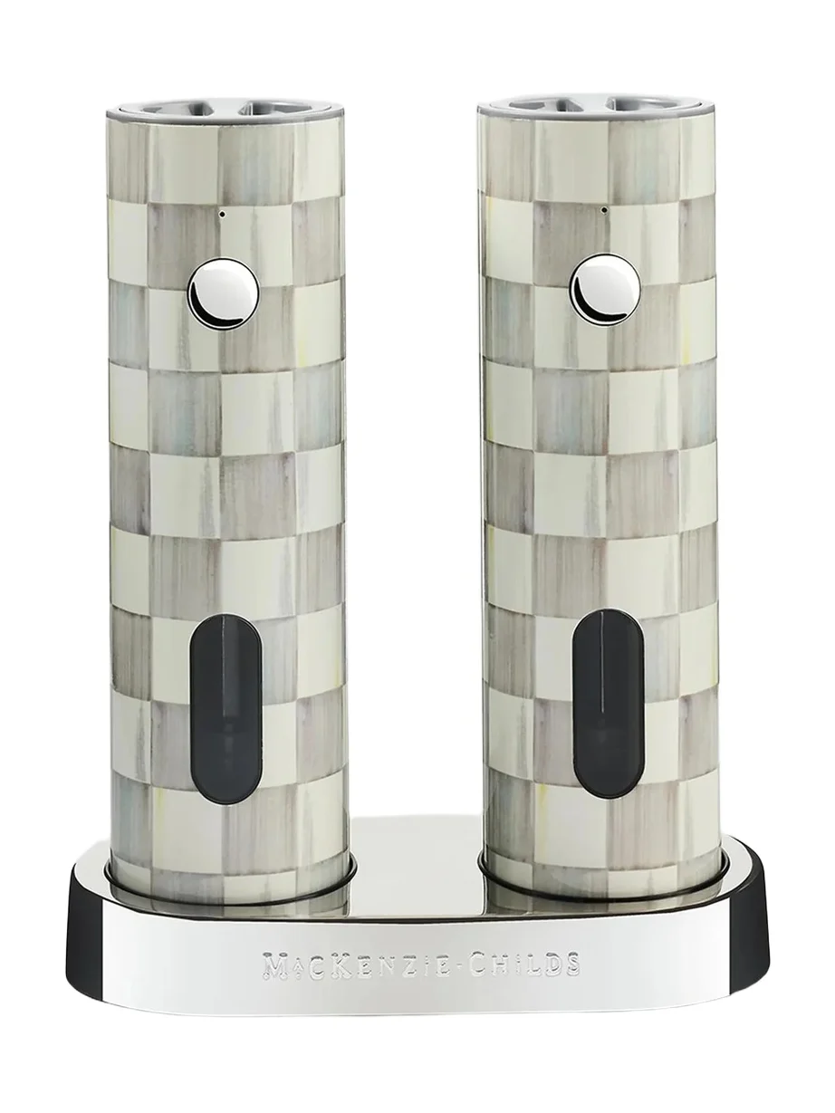 MacKenzie-Childs Sterling Check Ceramic Electric Salt & Pepper Grinders