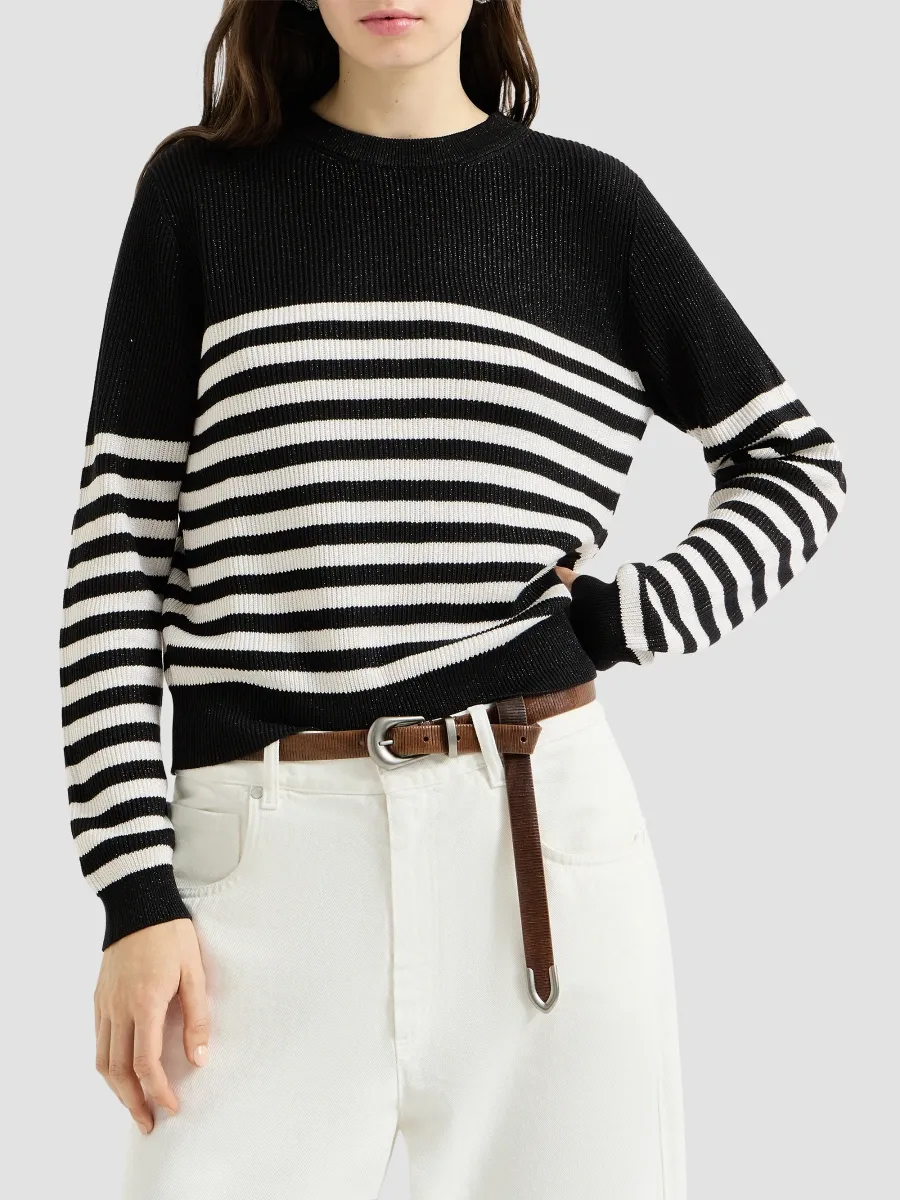 Brunello Cucinelli Women's Sparkling Cotton Striped English Rib Sweater | Thumbnail 2