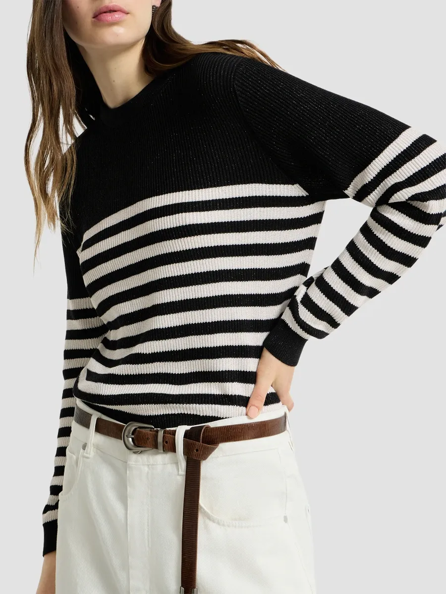 Brunello Cucinelli Women's Sparkling Cotton Striped English Rib Sweater | Thumbnail 4