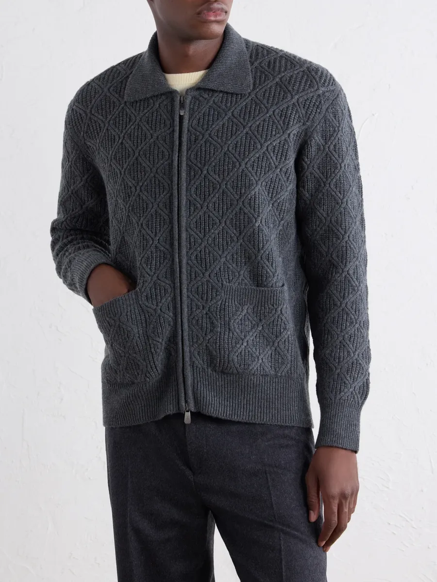 PIACENZA 1733 Cable-Knit Virgin Wool Zip-Up Sweater - Men | Thumbnail 3 PIACENZA 1733 Cable-Knit Virgin Wool Zip-Up Sweater - Men | Thumbnail 3