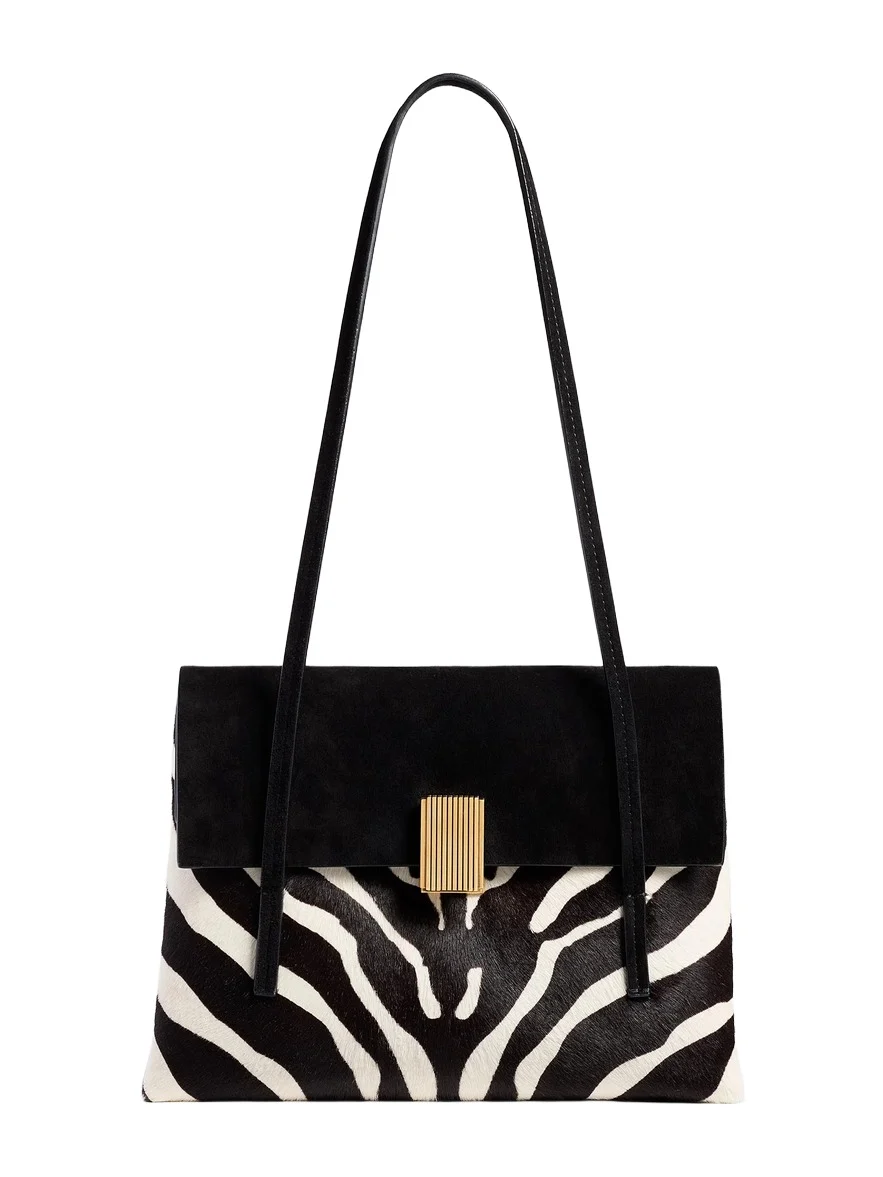 Khaite Soft Blake Small Shoulder Bag In Zebra Print Haircalf And Black Suede