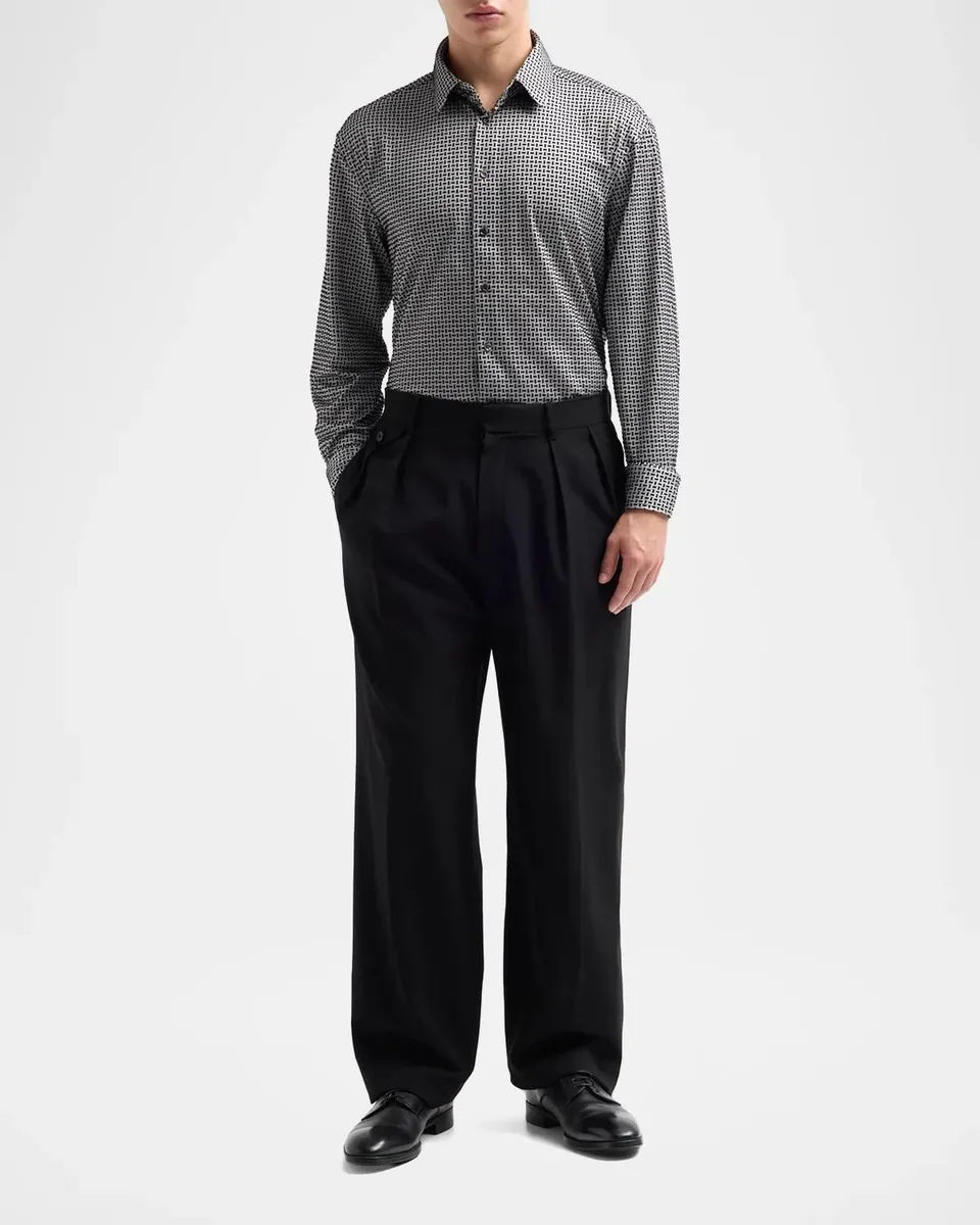 Giorgio Armani Men's Flocked Geo Stretch-Cotton Shirt | Thumbnail 2 Giorgio Armani Men's Flocked Geo Stretch-Cotton Shirt | Thumbnail 2